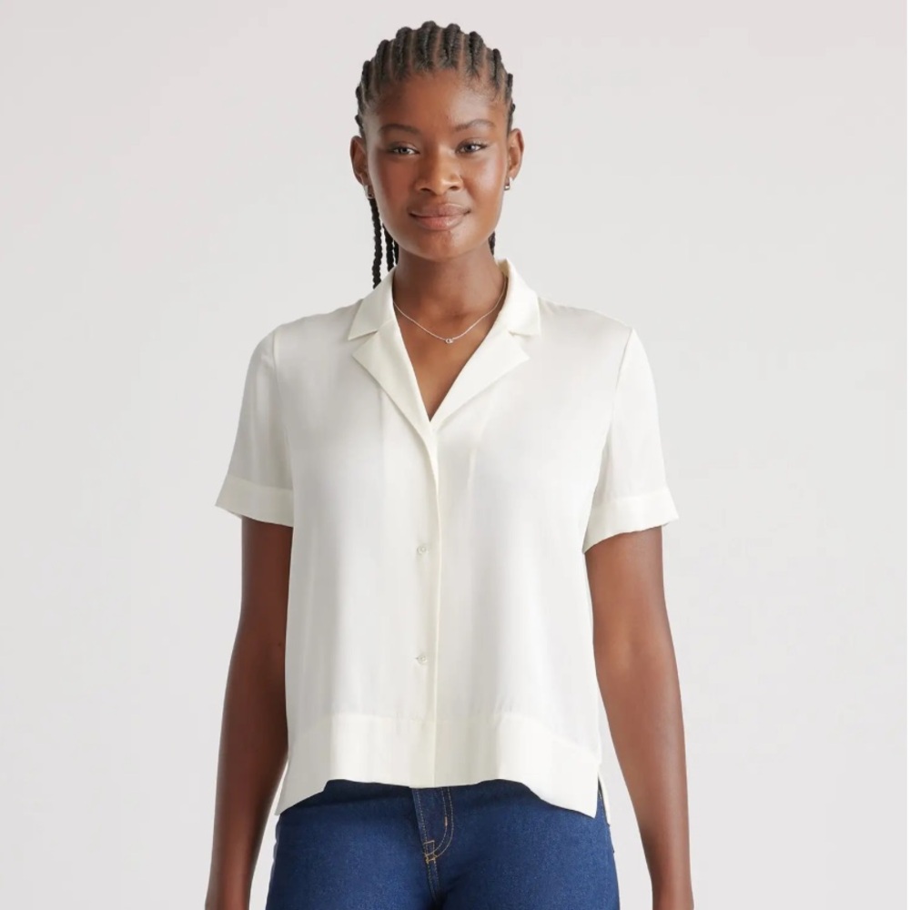 QUINCE Women's Cream Short Sleeve Washable Silk Blouse